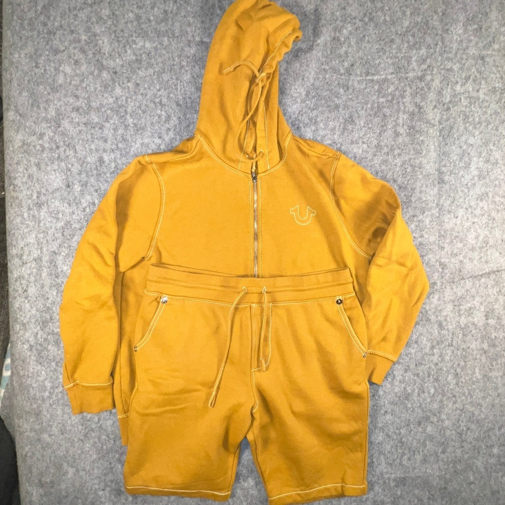 True Religion Men's Mustard Yellow World Tour Zip Hoodie and Shorts Set 2XL XL
